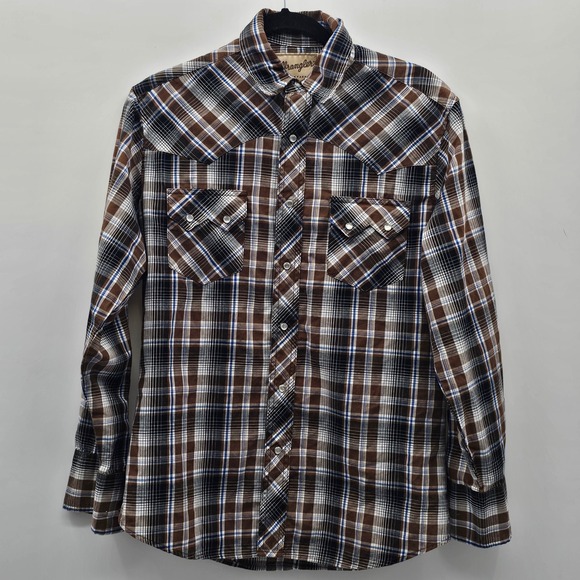 Wrangler‎ Western Fashion Snap Shirt Mens Medium Plaid Brown Blue - Picture 1 of 6